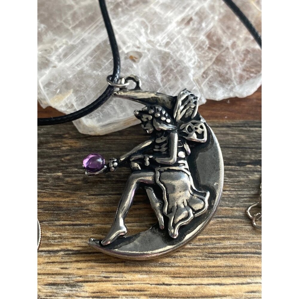 American Silver Pewter Purple Moon Fairy Pendant Necklace